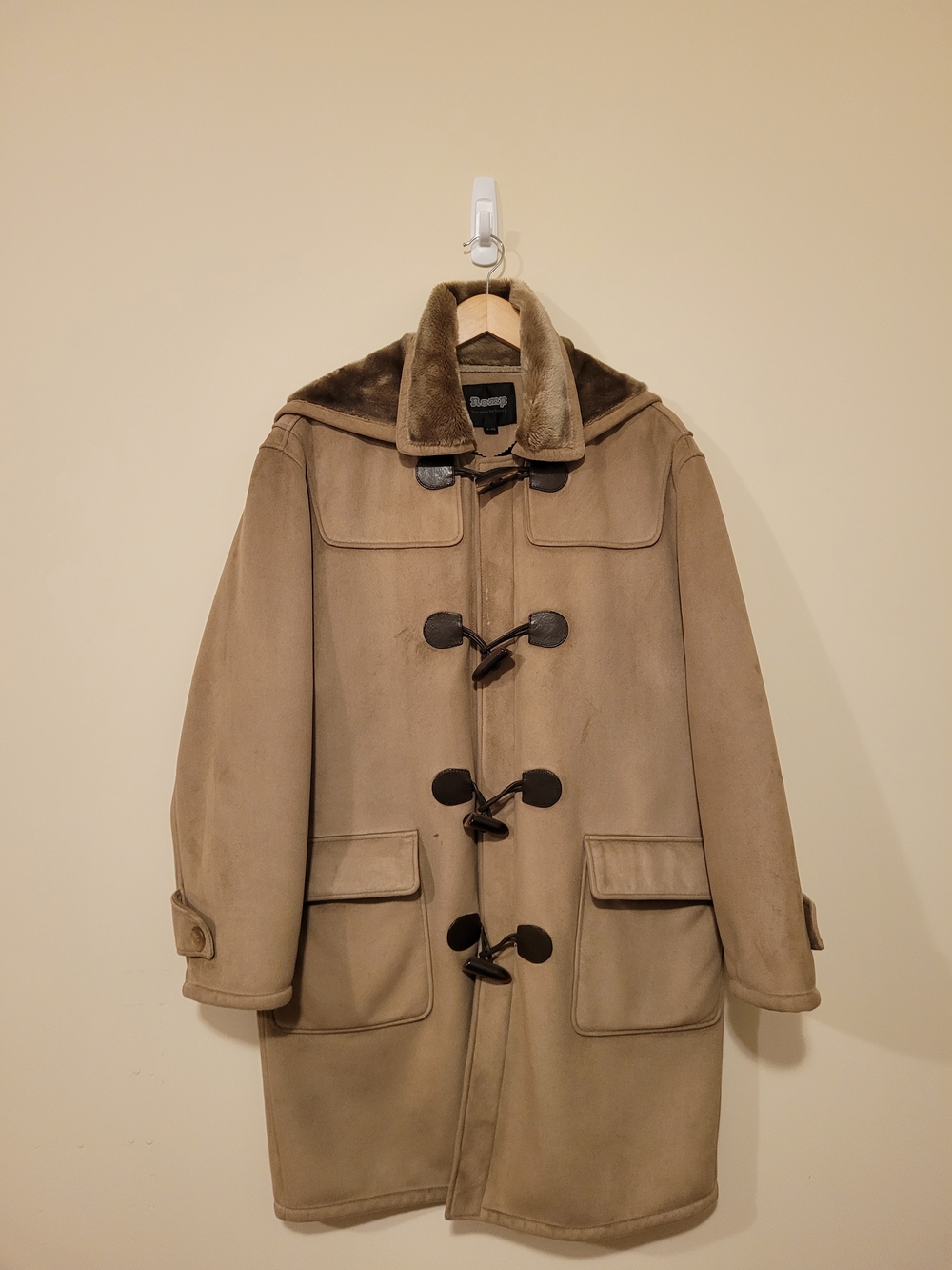 Men's Romp The Wear For Luxury Tan Hooded Duffle Coat Faux Fur Collar Size Large